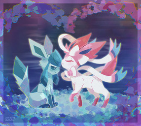 ambiguous_gender blue_body blue_eyes blue_fur blush blush_lines duo eyelashes eyes_closed feral fur kiss_on_forehead kissing paws pink_body pink_fur ribbons_(anatomy) sitting tail mrh2o2 nintendo pokemon eeveelution generation_4_pokemon generation_6_pokemon glaceon pokemon_(species) sylveon 2025 dated hi_res signature