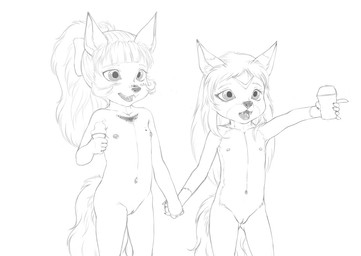 anthro blush clitoris dessert duo facial_markings fangs female flat_chested food forehead_markings genitals gesture hair hand_gesture hand_holding head_markings holding_food holding_object ice_cream loli long_hair markings navel nipples nude open_mouth pointing simple_background standing teeth vulva white_background young young_anthro jader canid canine fox mammal monochrome