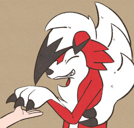 3_claws 3_fingers ambiguous_gender anthro claws ear_markings eyes_closed feet fingers floppy_ears fur gloves_(marking) hair happy holding_out_hand humanoid_hands markings multicolored_body multicolored_fur pupils red_body red_ears simple_background snout solo tan_background teeth white_body white_hair momensarada nintendo pokemon generation_7_pokemon human lycanroc mammal midnight_lycanroc pokemon_(species) 2022 colored half-length_portrait hi_res portrait