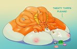 2023 3_toes 4_fingers absurd_res anthro back_fat bat belly big_belly big_breasts big_butt breasts butt cake chest_tuft cinnamon_bun claws colored dessert digital_drawing_(artwork) digital_media_(artwork) doughnut dust:_an_elysian_tail english_text eyelashes feeding feet female fidget_(elysian_tail) fingers food fur gradient_background green_eyes hair hi_res huge_belly huge_breasts immobile jelly_(food) lying magic magic_user mammal membrane_(anatomy) membranous_wings morbidly_obese morbidly_obese_anthro morbidly_obese_female multicolored_body multicolored_fur nimbat nipples obese obese_anthro obese_female on_front onigiri open_mouth open_smile orange_body orange_fur orange_hair orange_tail orange_wings overweight overweight_anthro overweight_female pink_nipples plate requesting rice shaded short_hair simple_background smile softestcore solo spread_wings swiss_roll_(cake) tail text thick_tail thick_thighs toe_claws toes tuft white_body white_fur wings