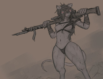 anthro bayonet bedroom_eyes breasts casual_exposure clothing curvy_figure female fur grey_body grey_fur gun knife looking_at_viewer medium_breasts narrowed_eyes navel nipples no_pupils one_breast_out ranged_weapon rat_tail red_eyes rifle scar seductive shoulder_pads solo tail thick_thighs thong underwear weapon wrappings izrez warhammer_(franchise) warhammer_fantasy hoots_(izrez) mammal rodent skaven 2020 hi_res