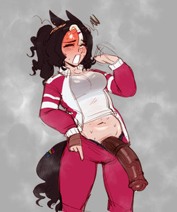 accessory animal_ears animal_genitalia animal_genitalia_on_humanoid animal_penis animal_penis_on_humanoid animal_tail big_penis biped black_hair blush blush_lines bodily_fluids bottomwear bottomwear_down breasts clothed clothed_gynomorph clothed_humanoid clothed_intersex clothing equine_ears equine_genitalia equine_penis equine_tail eyes_closed fanning fanning_self fingers flared_penis front_view furgonomics genital_fluids genitals glans gynomorph hair hair_accessory hairclip half-erect heat_(temperature) huge_penis intersex jacket light_body light_skin medial_ring navel pants pants_down partially_clothed partially_clothed_gynomorph partially_clothed_humanoid partially_clothed_intersex penis penis_poking_out precum precum_bead shirt solo sweat tail tail_accessory topwear tracksuit urethra vein veiny_penis omegahaunter animal_humanoid equid equid_humanoid equine equine_humanoid horse_humanoid humanoid mammal mammal_humanoid english_description hi_res portrait three-quarter_portrait