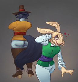 angry anthro blush boots bruised bruised_eye clothing duo female footwear heart_eyes heart_symbol high_heeled_boots high_heels looking_back male shoes scaredy_hare buckingham_(scaredy_hare) general_hope_(scaredy_hare) canid canine canis lagomorph leporid mammal rabbit wolf hi_res