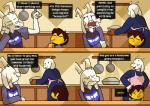 asriel_dreemurr boss_monster_(undertale) bovid caprine comic delta_rune_(emblem) dessert dialogue english_text fangs female food frisk_(undertale) fur hi_res horn human humor long_ears mammal pastry pie potoobrigham symbol teeth text toriel undertale undertale_(series) white_body white_fur