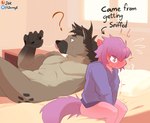 anthro bed biped blush bodily_fluids bottomless brown_body brown_fur brown_hair clothed clothing duo female fur furniture hair lying male nude on_back on_bed pink_body pink_fur pink_hair pink_tail question_mark sitting sweat sweatdrop tail text tongue tongue_out jarnqk robin_(jarnqk) hyena mammal mustelid otter english_text hi_res