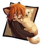 5_fingers anthro duo feral fingers green_eyes hair open_mouth orange_hair pink_nose smile tongue magenta7 vika_(f-r95) canid canine canis domestic_cat domestic_dog felid feline felis mammal digital_media_(artwork) shaded