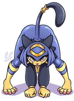 all_fours anthro ass_up black_nose blep blue_body blue_hair bottomless bottomless_anthro bottomless_female breasts butt clothed clothing eyelashes feet female hair looking_at_viewer multicolored_body pounce_pose red_eyes short_hair simple_background solo spread_legs spreading tail toes tongue tongue_out two_tone_body white_background yellow_body rhadyon palworld pocketpair felid feline mammal pal_(species) sekhmet_(pal) absurd_res hi_res