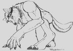 all_fours anthro biped breath canid canine canis claws collar eyewear goggles hi_res jewelry male mammal mature_male monochrome muscular mythological_canine mythological_creature mythology necklace panting paws shiropup sketch solo teeth tongue were werecanid werecanine werewolf wolf wolfywetfurr_(artist)