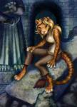 anthro biped blonde_hair blue_eyes catacomb clothed clothing detailed_background female hair sitting solo kekpafrany hasbro wizards_of_the_coast catfolk felid leopard mammal pantherine 2016 digital_media_(artwork) hi_res