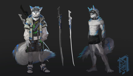 anthro black_bottomwear black_clothing black_footwear black_shorts black_socks black_topwear blue_eyes blue_hair blue_markings bottomwear clothed clothing eyewear eyewear_on_head footwear front_view fur goggles goggles_on_head grey_body grey_fur hair hand_in_pocket looking_at_viewer male male_anthro markings melee_weapon mouth_closed pockets shoes short_hair shorts simple_background socks solo standing sword topless topwear weapon white_body white_clothing white_footwear white_fur white_shoes white_topwear awaldkize canid canine mammal absurd_res hi_res model_sheet