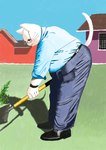 anthro belt biped black_belt black_clothing black_footwear black_shoes blue_background bottomwear building clothing collared_shirt eyewear footwear gardening glasses grass holding_object holding_shovel holding_tool house leaf looking_down male pants plant rectangular_glasses shirt shovel simple_background sky slightly_chubby solo standing tools topwear wearing_glasses whiskers white_body wristband boarboy hi_res