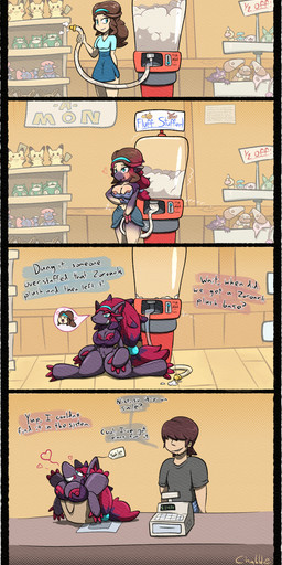 anthro black_body black_fur blue_eyes breast_expansion breasts brown_hair claws dialogue duo expansion female fur hair heart_symbol human_to_anthro inanimate_transformation inside male nipples plushie plushification red_claws red_hair red_nipples smile species_transformation text transformation willing_transformation chabble nintendo pokemon mom_(pokemon) mom_(pokemon_b&w) generation_5_pokemon human mammal pokemon_(species) zoroark absurd_res comic english_text hi_res