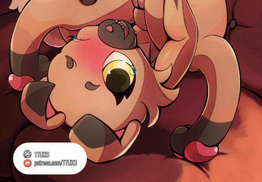 advertisement anthro blush female genitals looking_at_viewer nude smile solo vulva ttux3 nintendo pokemon pokemon_khronull vee_(ttux3) generation_7_pokemon pokemon_(species) rockruff absurd_res cropped hi_res