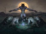 2021 4_toes 5_fingers anthro black_body black_fur canid canine canis caraid digital_media_(artwork) feet fingers fur grass group hasbro hi_res magic:_the_gathering male mammal moon night nude official_art outside plant sky toes wizards_of_the_coast wolf