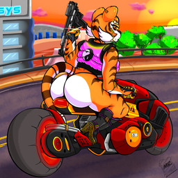 anthro big_butt biker biker_girl black_nose boots butt clothing curvy_figure cyberware detailed_background ear_piercing female footwear golden_claws gun high_heeled_boots high_heels holding_object holding_weapon hourglass_figure jacket looking_at_viewer looking_back motorcycle multicolored_body orange_eyes piercing plant pose ranged_weapon shoes solo street striped_body stripes submachine_gun sun sunset tail thick_thighs thong topwear tree underwear vehicle weapon yellow_sclera yin_yang mrtoastsandwich cd_projekt_red cyberpunk_2077 dreamworks kung_fu_panda master_tigress felid mammal pantherine tiger 1:1 cel_shading hi_res pinup shaded