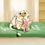 beak blue_eyes chibi female feral gift ribbons solo tail tail_tuft text tuft hoot_(artist) mythology hoot_(character) avian gryphon mythological_avian mythological_creature 1:1 english_text