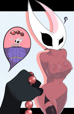 2_horns anthro beads black_body black_eyes blush blush_lines breast_grab breasts clothed clothing empty_eyes exclamation_point female fingers hand_on_breast heart_symbol horn implied_prostitution nipple_outline prayer_beads question_mark rosary solo standing throbo hollow_knight_(franchise) team_cherry hornet_(hollow_knight) arachnid arthropod spider 2026 2d_animation animated frame_by_frame