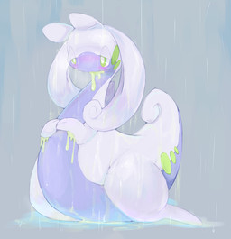 ambiguous_gender blush bottom_heavy feral green_eyes half-closed_eyes narrowed_eyes puddle raining slime solo tail wet winte mythology nintendo pokemon dragon generation_6_pokemon goodra mythological_creature mythological_scalie pokemon_(species) scalie hi_res