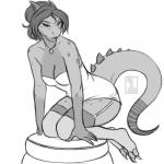 1:1 anthro bare_shoulders breasts cleavage clothed clothing dragon female greyscale hair hi_res legwear looking_at_viewer monochrome mythological_creature mythological_scalie mythology nateday non-mammal_breasts pinup pose scalie skimpy solo stockings tail