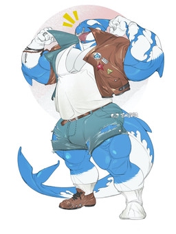 anthro belt biped blue_body bottomwear bracelet brown_clothing brown_footwear brown_jacket brown_shoes brown_topwear clothing denim denim_bottomwear denim_clothing denim_shorts fin flexing flexing_bicep flexing_both_biceps footwear jacket jeans jewelry male multicolored_body muscular muscular_anthro muscular_male one_shoe_on open_mouth pants shirt shoes shorts simple_background slightly_chubby slightly_chubby_anthro slightly_chubby_male socks solo standing tail tank_top teeth text tongue tongue_out topwear torn_bottomwear torn_clothing torn_jeans torn_pants two_tone_body white_background white_body white_clothing white_shirt white_tank_top white_topwear big_treeeee aquatic fish shark 3:4 chinese_text hi_res signature