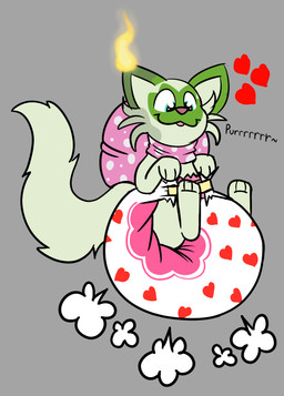 3_fingers 3_toes ambiguous_gender bow_accessory bow_ribbon clean_diaper clothed clothing cloud_emanata diaper diaper_puff emanata facial_markings feet feral fingers fire fur green_body green_fur green_tail grey_background head_markings heart_symbol looking_down markings neck_bow pattern_diaper pink_bow pink_nose purring simple_background sitting smile solo spotted_accessory spotted_bow tail three-quarter_view tilde_after_text toes tongue tongue_out vocalization wearing_diaper moon_is_baby nintendo pokemon smolder_(burritokitten) generation_9_pokemon pokemon_(species) sprigatito full-length_portrait hi_res portrait
