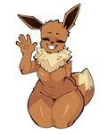 anthro anthrofied black_nose brown_body brown_fur dipstick_tail eyes_closed female fluffy fluffy_tail fur gesture markings multicolored_body multicolored_fur neck_tuft pokemorph simple_background smile solo standing tail tail_markings teeth thick_thighs tuft waving waving_at_viewer white_background rodd.y nintendo pokemon eevee generation_1_pokemon pokemon_(species) 2025 4:5 hi_res