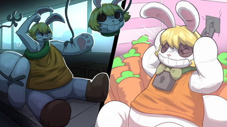 angry anthro bdsm biped blonde_hair bow_tie clothed clothing conveyor_belt costume female forced fur hair lock long_ears mechanical_hands padlock plushification plushsuit solo stuck toony white_body white_fur sexotheque one_piece carrot_(one_piece) lagomorph leporid mammal rabbit 16:9 2026 4k absurd_res digital_media_(artwork) hi_res sequence widescreen