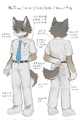 5_fingers anthro badge belt black_belt blue_necktie bottomwear cheek_scar circle_eyebrows clothed clothed_anthro clothing countershading eyebrows facial_scar fingers footwear fur gloves_(marking) grey_body grey_eyebrows grey_fur looking_at_viewer male markings necktie pants pawpads scar school_uniform shirt shoes simple_background solo text topwear uniform white_background white_bottomwear white_clothing white_footwear white_pants white_shirt white_shoes white_topwear yellow_eyes young young_anthro young_male laggy_(artist) kyle_(laggy) canid canine canis coyote mammal 2025 chinese_text hi_res model_sheet translated