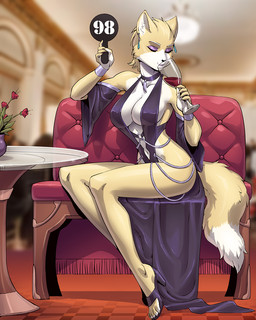 alcohol anthro armwear beverage big_breasts black_clothing black_dress bracelet breasts chair choker cleavage clothed clothing collarbone dipstick_tail dress ear_piercing eyebrows eyelashes eyes_closed feet female footwear fur furniture high_heels inner_ear_fluff inside jewelry markings navel necklace piercing shoes sitting solo table tail tail_markings tan_body tan_fur tuft white_body white_fur wine luigiix nintendo star_fox vixy_reinard canid canine fox mammal 2025 4:5 hi_res
