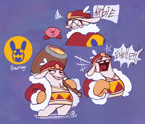 angry anthro asian_clothing bent_arm bodily_fluids buckteeth clothed clothed_anthro clothed_male clothing coat dialogue dot_eyes dotted_background drooling duo east_asian_clothing exclamation_point featureless_arms featureless_crotch featureless_feet featureless_legs feet floppy_ears fur furrowed_eyebrows hammer handwear hat headgear headwear holding_mallet holding_melee_weapon holding_object holding_weapon japanese_clothing kimono king laugh left-handed logo logo_on_clothing lop_ears male male_anthro melee_weapon mittens multicolored_body name_drop name_in_dialogue open_clothing open_coat open_mouth open_smile open_topwear orange_clothing orange_handwear orange_mittens overweight overweight_anthro overweight_male pattern_background pink_body pink_skin purple_background red_clothing red_coat red_eyes red_feet red_hat red_headwear red_tongue red_topwear royalty saliva sharp_teeth simple_background simple_eyes smile speech_bubble standing tan_body tan_clothing tan_eyelids tan_kimono tan_skin teeth text tongue tools toothy_grin topwear two_tone_body weapon white_body white_fur yelling critterzone13 kirby_(series) nintendo raving_rabbids rayman_(series) ubisoft kirby rabbid_king_dedede alien lagomorph mammal rabbid waddling_head 2024 crossover digital_drawing_(artwork) digital_media_(artwork) english_description english_text multiple_images signature