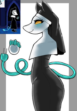 blue_blush blush clothing electrical_plug_tail habit machine nun_habit nun_outfit prayer_hands religious_clothing smile solo gibbo0z tasque_manager_(nun) cat_robot darkner felid feline mammal robot 2026 reference_image