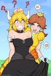 afrobull animal_humanoid black_clothing black_dress blonde_hair blue_eyes blush bodily_fluids bowser bowsette_meme breasts brown_hair choker cleavage clothed clothing clothing_lift crossgender crown dress dress_lift duo english_text female female/female hair hand_on_shoulder headgear hi_res horn human humanoid jewelry koopa_humanoid mammal mario_bros meme mistaken_identity necklace nervous nintendo princess_daisy question_mark scalie scalie_humanoid speech_bubble super_crown sweat sweatdrop text url