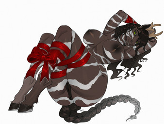 anthro anus bdsm black_hair black_nipples bondage bound brown_body female genitals gift_wrapped green_eyes hair holidays hooves horn looking_at_viewer lying multicolored_body nipples on_back solo striped_body stripes teeth vulva moirah christmas equid equine horse hybrid mammal absurd_res hi_res