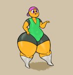 anthro blush bottomwear bulge clothing female footwear hat headgear headwear purple_eyes shirt shorts socks solo thick_thighs topwear yellow_body jovi_cap gravelin lizard reptile scalie hi_res