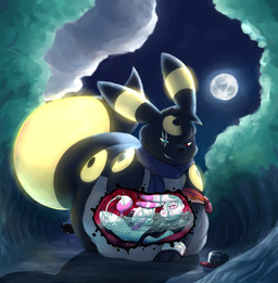 abdominal_bulge ambiguous_gender anthro belly belly_on_ground big_tail black_body black_clothing black_fur black_shirt black_topwear bracelet brush_tail clothed clothing digestion digestive_fluids digestive_juice feral forest forest_background full_moon fully_inside fur fur_markings genitals glowing glowing_markings hat head_tuft headgear headwear heterochromia inside_stomach jewelry looking_at_belly markings moon night nude partially_submerged paw_on_belly paws penis pink_markings plant raised_clothing raised_shirt raised_topwear scarf shirt slightly_chubby smile smirk tail topwear tree tuft vore white_body white_fur willing_pred willing_prey x-ray_view raster_dreams nintendo pokemon raster_dreams_(character) eeveelution generation_2_pokemon lagomorph mammal pokemon_(species) umbreon absurd_res hi_res