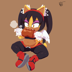 accessory anthro biped black_bottomwear black_clothing black_hair black_pants bottomwear clothing eating exposed_belly eyelashes fangs female food footwear fur gloves hair handwear headband meat meat_on_bone navel orange_body orange_eyes orange_fur pants red_bottomwear red_clothing red_footwear red_headband red_shoes red_skirt shoes sitting skirt slightly_chubby solo steam tail teeth white_clothing white_gloves white_handwear white_nose white_wings wings parukoenjoyer sega sonic_the_fighters sonic_the_hedgehog_(series) honey_the_cat domestic_cat felid feline felis mammal 1:1 2026 absurd_res hi_res