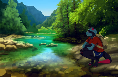 3_toes 5_fingers anthro backpack black_body black_fur black_tail blue_body blue_fur bottomwear breasts clothed clothing crouching detailed_background dipstick_tail fangs feet female fingers forest fully_clothed fur gloves_(marking) grass looking_away markings mountain multicolored_body multicolored_fur multicolored_tail outside pawpads pink_nose pink_pawpads pink_tail plant river sabertooth_(anatomy) shirt shorts side_view smile solo tail tail_markings teeth toes topwear tree two_tone_body two_tone_fur two_tone_tail water akitamonster katie_(k-dog256) mammal mustelid otter