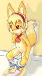 anthro anthrofied bodily_fluids bottomwear bottomwear_down clothed clothing female female_peeing flat_chested fur genital_fluids genitals hair inside navel nipples panties panties_down pants pants_down partially_clothed peeing pokemorph pussy red_eyes sitting solo thinking thoughtful_expression toilet toilet_use underwear underwear_down urine urine_stream white_clothing white_panties white_underwear young young_anthro conditional_dnp tricksta nintendo pokemon kioko eevee generation_1_pokemon pokemon_(species)