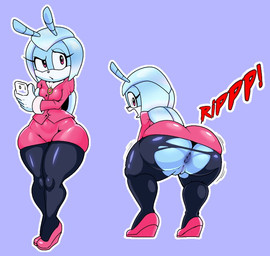antennae_(anatomy) anthro anus big_butt black_clothing black_leggings black_legwear blue_anus blue_body blue_vulva bottom_heavy bottomwear brooch bubble_butt butt cellphone clothing collared_shirt dress_shirt electronics eyelashes female footwear front_view genitals headgear headwear high_heels holding_object holding_phone huge_hips leggings legwear long_eyelashes long_sleeve_shirt looking_back motion_lines narrowed_eyes onomatopoeia open_mouth outline phone pink_bottomwear pink_clothing pink_dress_shirt pink_footwear pink_high_heels pink_nose pink_shirt pink_skirt pink_topwear purple_background rear_view red_eyes shirt shocked shoes simple_background skirt smartphone solo sound_effects text thick_thighs topwear torn_clothing torn_leggings torn_legwear vulva wardrobe_malfunction white_face white_outline wide_hips barely_sly idw_publishing sega sonic_the_hedgehog_(comics) sonic_the_hedgehog_(idw) sonic_the_hedgehog_(series) jewel_the_beetle arthropod beetle insect 2026