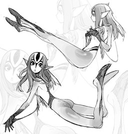 arm_fin facial_markings female fin forehead_markings hair hands_together head_markings long_hair looking_at_viewer markings multiple_poses nude pointy_ears pose slim smooth_skin solo surprised awkawk blue_submarine_no._6 mutio animal_humanoid aquatic aquatic_humanoid fish fish_humanoid humanoid nereid absurd_res black_and_white hi_res monochrome sketch