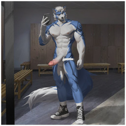 abs anthro black_clothing black_footwear black_nose black_shoes blue_body blue_eyes blue_fur blue_tail border cellphone clothed clothing electronics erection footwear front_view fur genitals glans hair holding_object holding_phone humanoid_genitalia humanoid_penis inside jockstrap locker locker_room looking_at_viewer male male_anthro mostly_nude muscular muscular_anthro muscular_male narrowed_eyes nipples pecs penis phone pink_glans pink_nipples shoes short_hair smartphone smile solo standing tail topless underwear vein veiny_penis white_body white_border white_fur white_hair white_penis white_tail awaldkize converse canid canine mammal 1:1 absurd_res hi_res