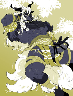 2_tails 5_claws 5_fingers abs anthro armband athletic athletic_anthro athletic_male balls biceps black_body black_fur bottomwear censored_genitalia censored_penis claws clothing collar facial_scar fingers fur genitals green_background hair holding_own_hand horn humanoid_genitalia humanoid_penis ineffective_censorship loincloth long_hair male multi_tail nipples pecs penis scar simple_background solo tail tribal vein veiny_penis white_hair redjack_036 afk_arena afk_journey lilith_games nazrik_(afk_journey) bovid caprine mammal censored