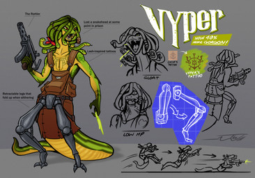 anthro clothing fangs female gun legless living_hair overalls prosthetic prosthetic_leg prosthetic_limb pseudo_hair ranged_weapon snake_hair solo tattoo teeth venom weapon thewill deadlock_(game) european_mythology greek_mythology mythology valve vyper_(deadlock) gorgon reptile scalie snake model_sheet