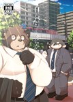 anthro belly blush bottomwear brown_body brown_fur cellphone clothing duo electronics fur humanoid_hands kemono male necktie outside overweight overweight_male pants phone shirt smartphone suit text topwear dosanco15 canid canine canis domestic_dog mammal raccoon_dog tanuki 2021 comic hi_res japanese_text