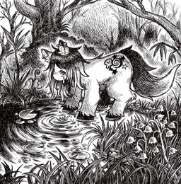 ambiguous_gender bodily_fluids crying cutie_mark ear_piercing ear_ring feral flower fluffy fluffy_tail forest fur grass hair industrial_piercing lily_pad long_hair nature nature_background outside piercing plant pond ring_piercing solo tail tears three-quarter_view tree hotchickhell hasbro my_little_pony equid equine horse mammal pony hi_res monochrome