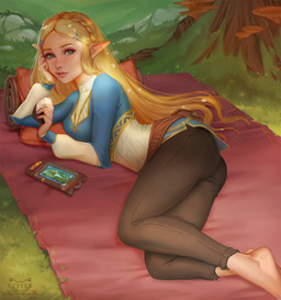 barefoot blonde_hair butt feet female fingers food grass green_eyes hair humanoid_pointy_ears light_body light_skin long_hair looking_at_viewer not_furry onigiri plant pointy_ears rice rock sheikah_slate solo tablet_computer text kittew nintendo the_legend_of_zelda princess_zelda humanoid hylian 2018 signature url