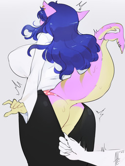 anthro assisted_exposure big_breasts big_butt bottomwear breasts butt clothing female hair purple_hair shark_tail skirt solo teasing nitesart viorica_(scircuit02) aquatic fish shark 3:4 hi_res