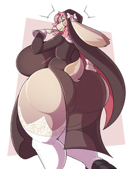 anthro big_breasts big_butt bow_ribbon breasts butt butt_focus clothing female fur hair huge_breasts huge_butt huge_thighs hyper hyper_breasts hyper_butt looking_at_viewer looking_back open_mouth pink_eyes pink_hair rear_view smile solo standing tail tan_body tan_fur thick_thighs nonarycubed lagomorph leporid mammal rabbit 2023 absurd_res character_request hi_res