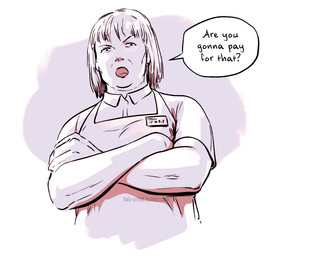 apron clothed clothing crossed_arms female human_only not_furry open_mouth solo speech_bubble text wearing_apron bob-artist human mammal artist_name english_text monochrome url