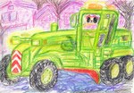 ambiguous_gender anthro black_eyes building clothing detailed_background driving eyelashes fur green_vehicle house outside pink_clothing plant snow snow_plow solo tan_body tan_fur tree vehicle winter tomohirosibuyahappyanimals mammal colored_pencil_(artwork) hi_res traditional_media_(artwork)